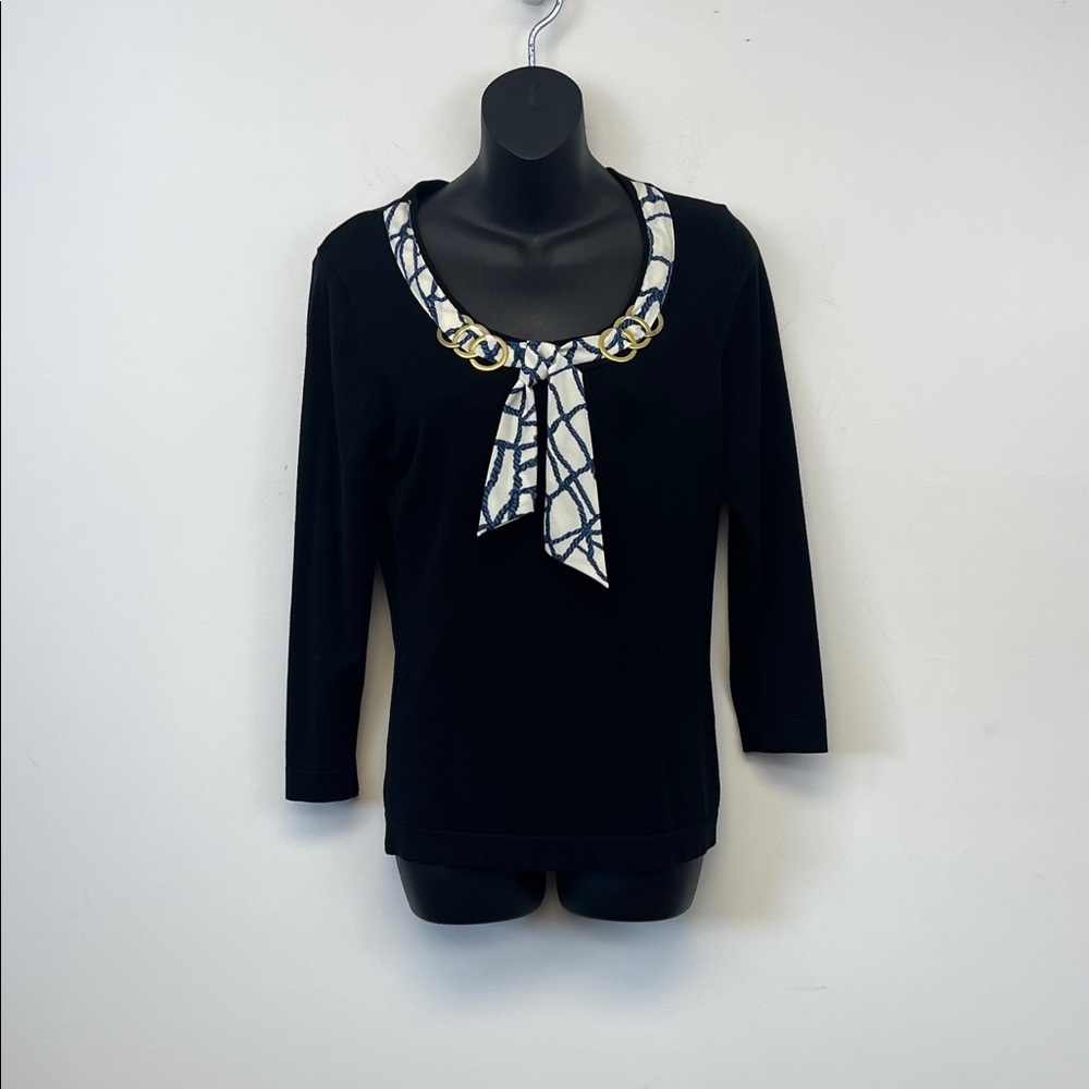 August Silk Women’s Black Sweater with Blue and White Scarf and Gold Detail Med.